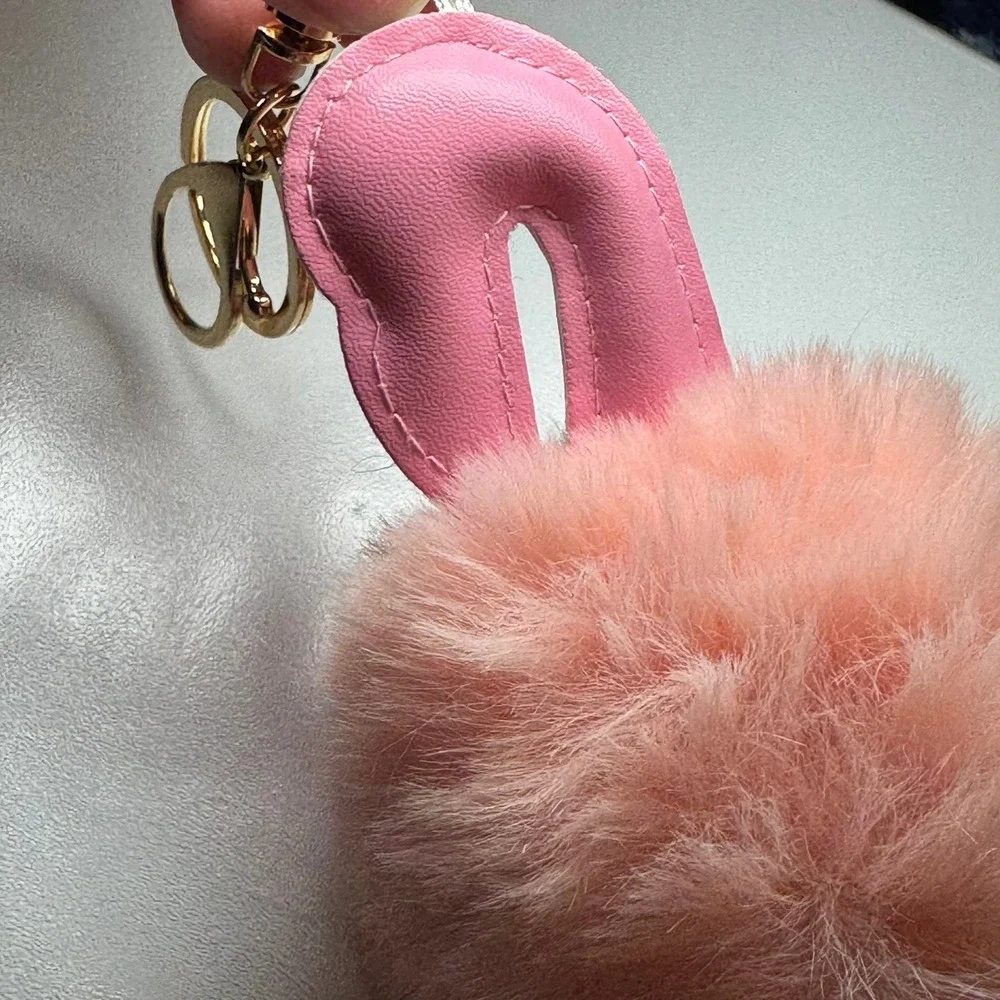 Pink Flamingo Pom Pom Faux Fur Keychain Bag Charm Gold Tone Ring‎